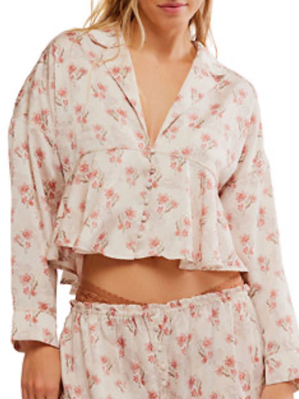 Free People Blush Floral Cropped Pajama Top. Size XL